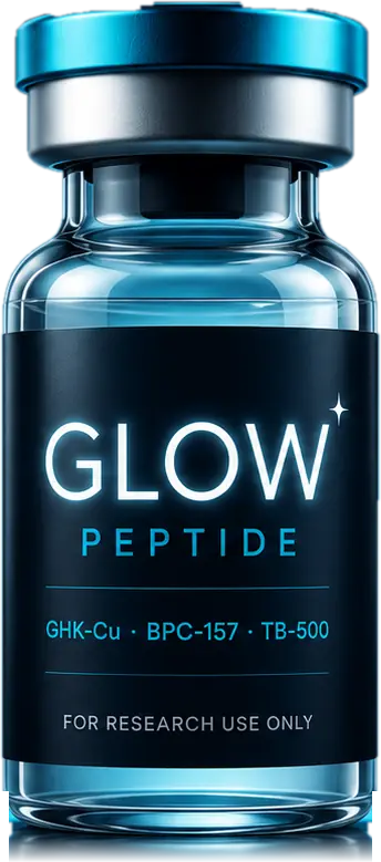 Glow Peptide vial labelled GHK-Cu, BPC-157 and TB-500, for research use only